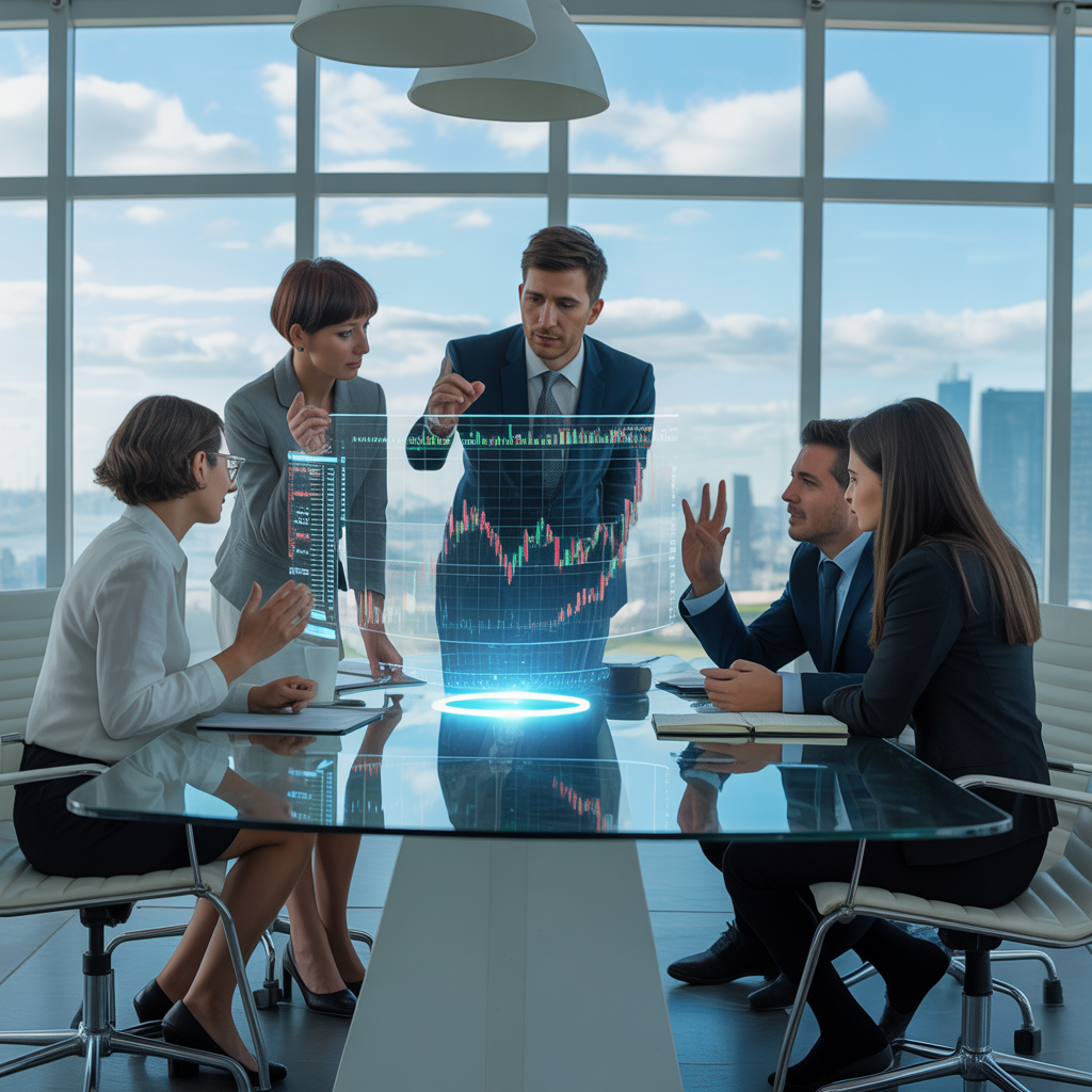 Equipo de asesores financieros en una reunión estratégica